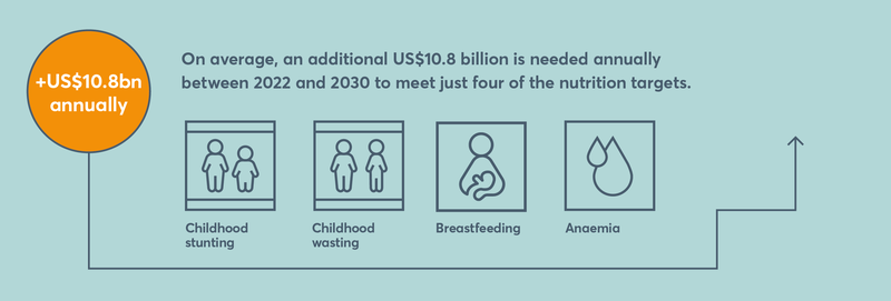 Graphic 3: On average, an additional US$10.8 billion is needed annually between 2022 and 2030 to meet just four of the nutrition targets (Childhood stunting; Childhood wasting; Breastfeeding; Anaemia).