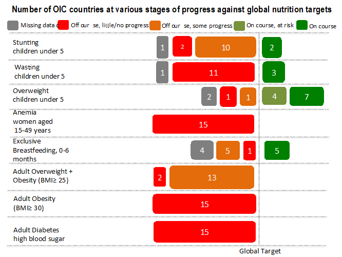 Number of OIC countries at various stages of progress against global nutrition targets.