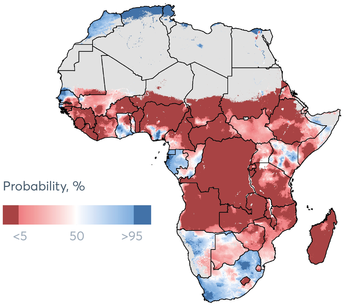 FIGURE 2.10A Probability that the WHO’s moderate and severe stunting target has been achieved in 2015 (5×5-km per pixel level)