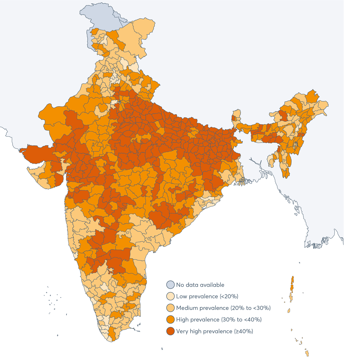 FIGURE 2.11 Map of stunting prevalence in Indian districts, 2015–2016