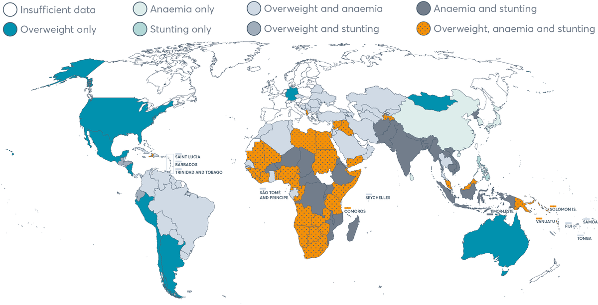 FIGURE 2.9 Map of countries with overlapping forms of childhood stunting, anaemia and overweight in adult women, 2017 and 2018