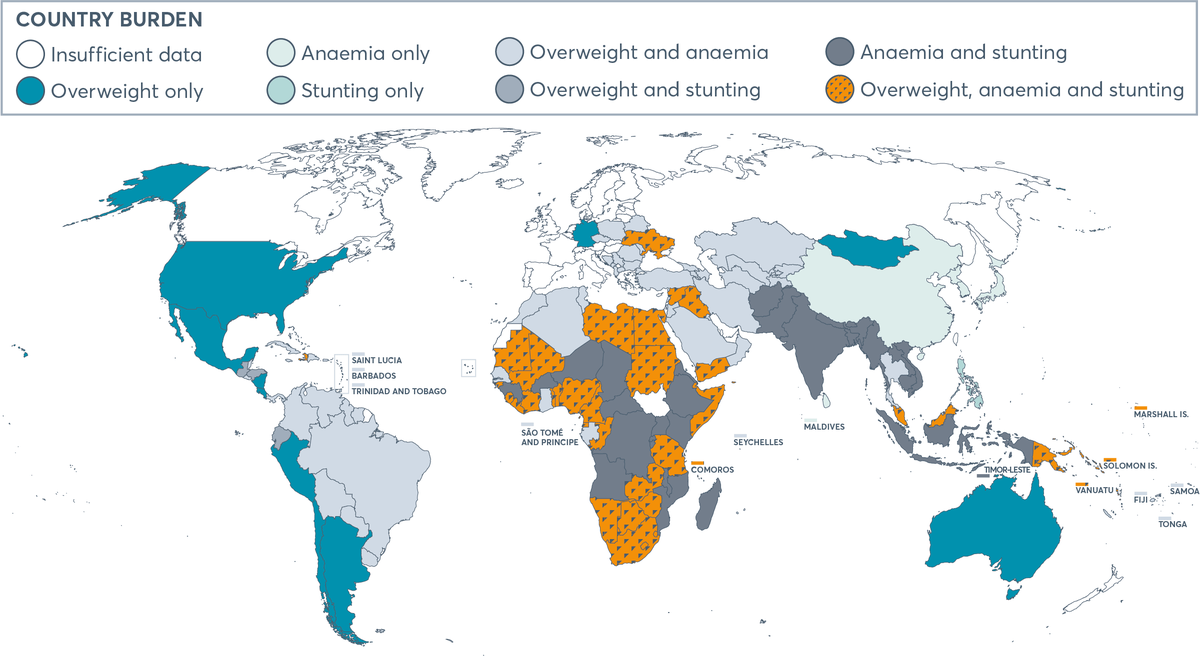 FIGURE 2.4 Map of countries with overlapping forms of stunting in children under 5, anaemia among women of reproductive age, and overweight in adult women