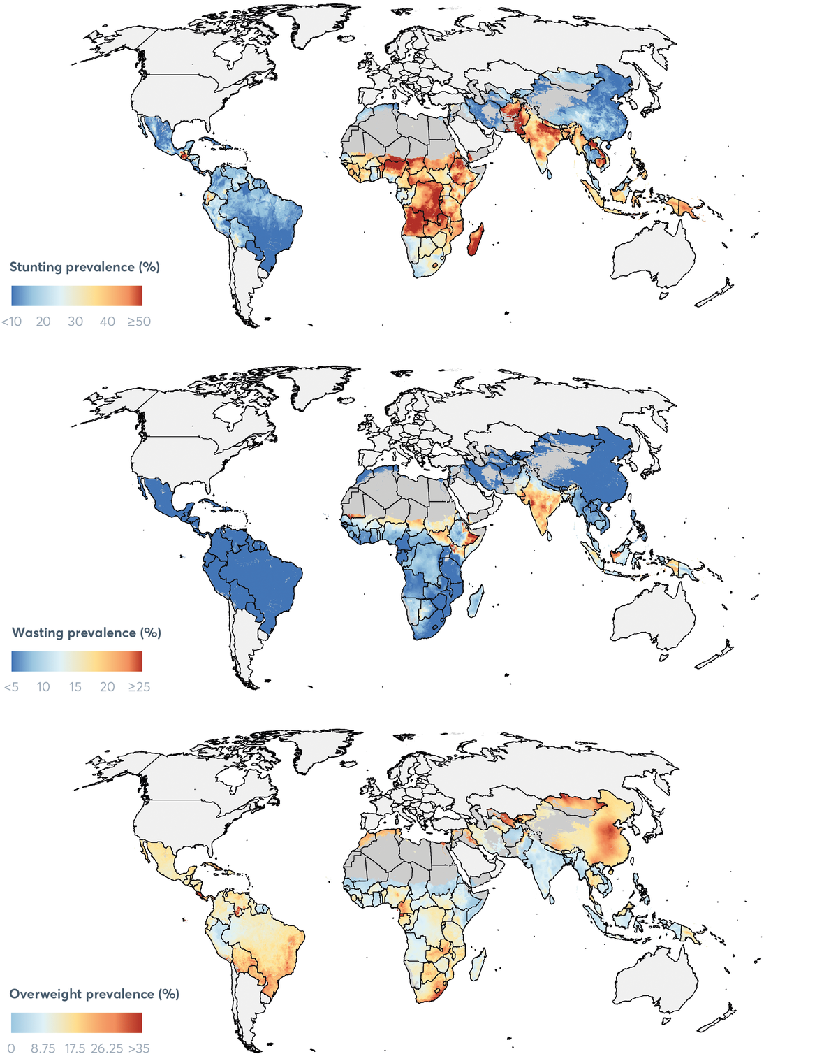 FIGURE 2.9 Prevalence of stunting, wasting and overweight among children under 5 at the 5 × 5-km grid cell-level, 2017